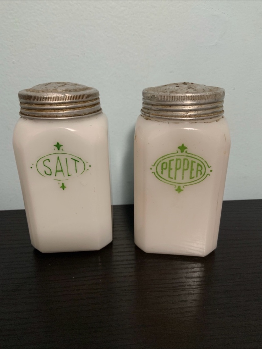 Vintage Hazel Atlas Salt and Pepper Shakers Set with Green Writing